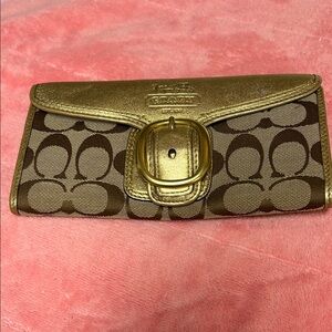 Coach Brown Signature Jacquard Wallet with Gold Metallic Trim